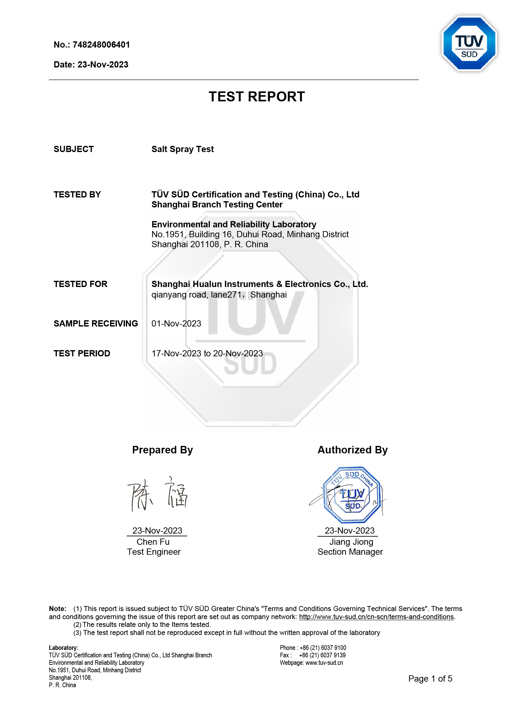 HLQ5 Salt Spray 96h Test Report